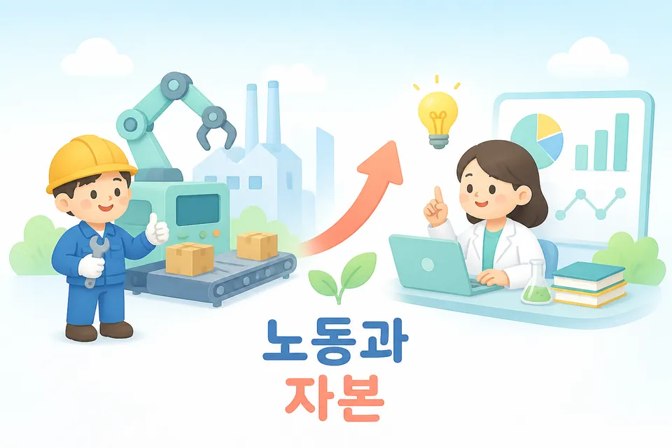 노동과 자본이 경제성장과 연결되는 모습을 설명하는 이미지입니다