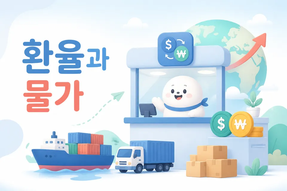 환율 변동이 수출입과 물가에 영향을 주는 장면을 설명하는 이미지입니다.