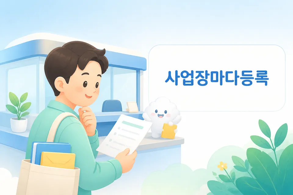 사업자등록 신청을 위해 서류를 챙기고 안내를 확인하는 장면입니다.