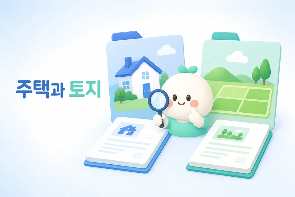 주택과 토지 서류를 유형별로 나누어 확인하는 장면입니다.