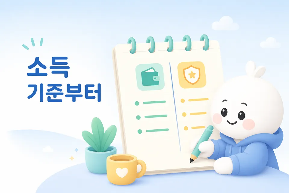 근로자가 소득 기준과 신용 기준을 적어 두고 비교하는 장면입니다.