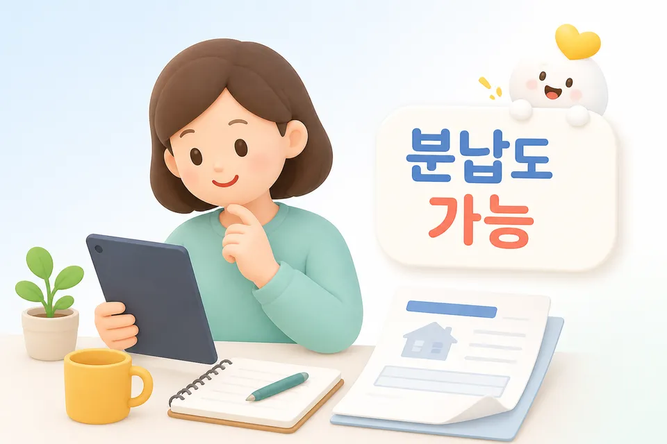 고지서와 메모를 보며 납부와 분납 방법을 확인하는 장면입니다.