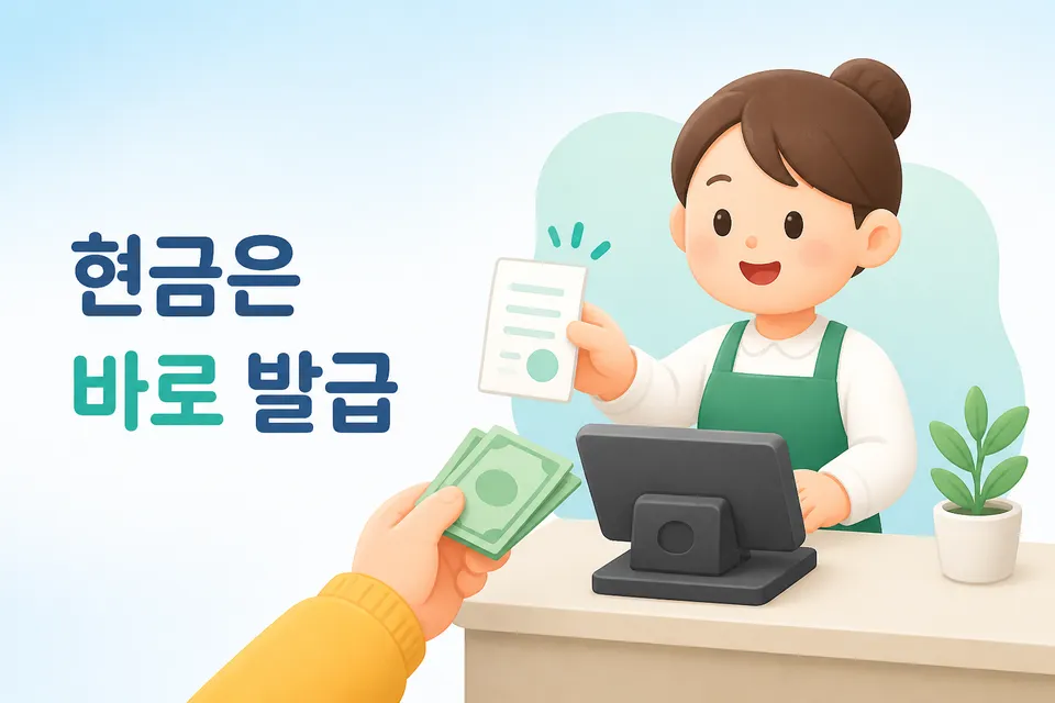 현금 거래 후 현금영수증 발급을 준비하는 계산대 모습입니다.