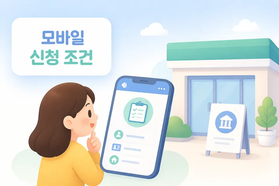 모바일과 지점 신청 경로를 비교하며 준비 사항을 확인하는 장면입니다.