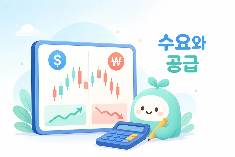 환율 해석을 외환 수요와 공급 순서로 살펴보는 모습을 표현한 이미지입니다.
